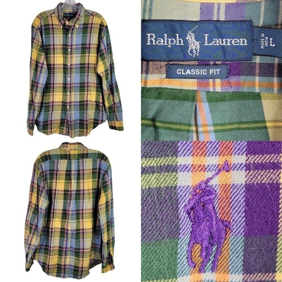 Polo Ralph Lauren Oxford Shirt Mens Large Yellow Purple Plaid LS Button Up - Picture 1 of 9